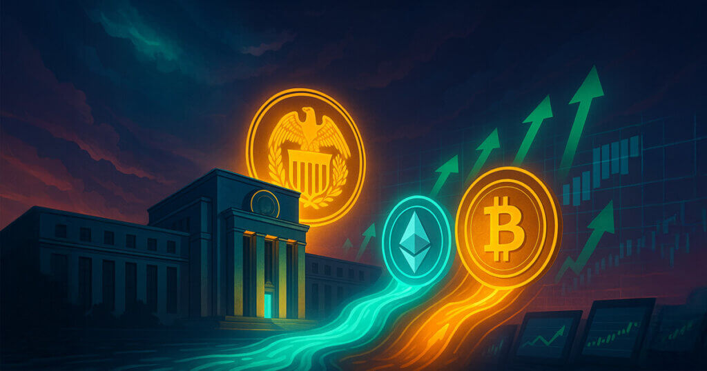 Dawn light bathes the Federal Reserve building as glowing liquidity streams flow toward Bitcoin and Ethereum coins rising against valuation targets and upward arrows.