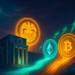 Dawn light bathes the Federal Reserve building as glowing liquidity streams flow toward Bitcoin and Ethereum coins rising against valuation targets and upward arrows.