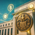 Bright, cinematic shot of the Federal Reserve building with a bronze seal in the foreground and glowing stablecoin icons connected by luminous gridlines to suggest regulated payment rails.