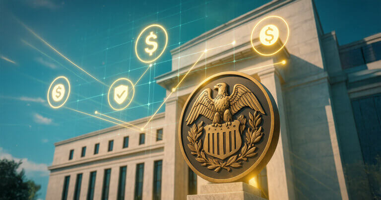 Bright, cinematic shot of the Federal Reserve building with a bronze seal in the foreground and glowing stablecoin icons connected by luminous gridlines to suggest regulated payment rails.