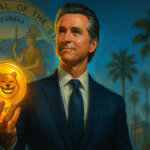 California Governor Gavin Newsom is depicted holding a glowing memecoin inscribed with a bear emoji against the state seal backdrop - Cover art/illustration via CryptoSlate.