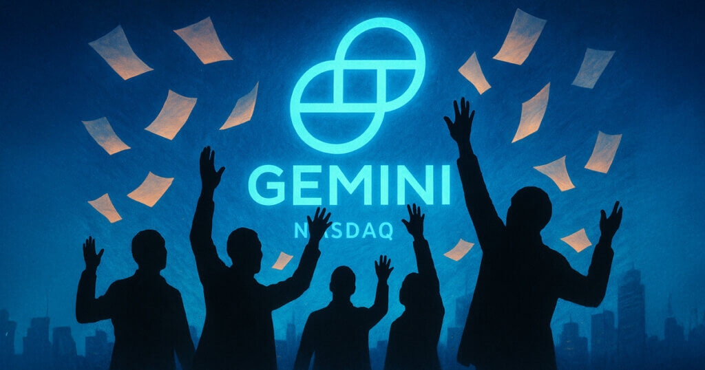 Silhouetted figures celebrate Gemini’s Nasdaq IPO as glowing papers fly under a radiant blue backdrop - Cover art/illustration via CryptoSlate.