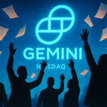 Silhouetted figures celebrate Gemini’s Nasdaq IPO as glowing papers fly under a radiant blue backdrop - Cover art/illustration via CryptoSlate.