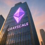 Grayscale’s headquarters glows with an Ethereum symbol as the company unveils its new Ethereum ETF - Cover art/illustration via CryptoSlate.