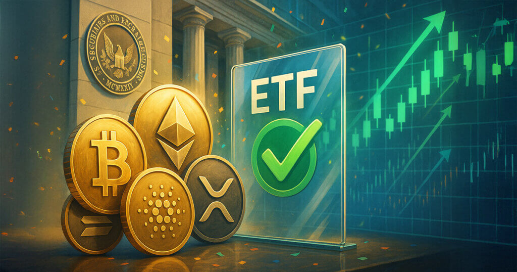 A bright, cinematic 16:9 scene shows gleaming Bitcoin, Ethereum, Solana, Cardano, and XRP coins stacked before marble regulators’ pillars with a luminous green checkmark and ascending market chart, conveying celebratory momentum toward a \$1B five-coin ETF.