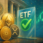 A bright, cinematic 16:9 scene shows gleaming Bitcoin, Ethereum, Solana, Cardano, and XRP coins stacked before marble regulators’ pillars with a luminous green checkmark and ascending market chart, conveying celebratory momentum toward a \$1B five-coin ETF.