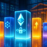 five glowing ETF pillars on a trading floor, with an Ethereum-staking icon highlighted among diversified crypto symbols to represent GSR’s new filings.
