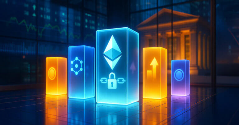 five glowing ETF pillars on a trading floor, with an Ethereum-staking icon highlighted among diversified crypto symbols to represent GSR’s new filings.
