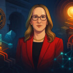 A regulator in a red blazer stands between an SEC seal and a glowing centralized sequencer funneling transactions while a teal decentralized node network runs autonomously below.