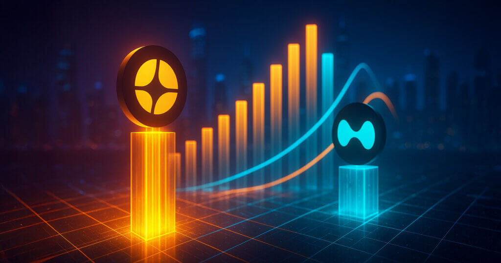 Aster’s logo rises on a tall golden pedestal with glowing bar charts while Hyperliquid’s mint logo sits on a shorter cyan pedestal across a bright neon trading grid