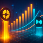 Aster’s logo rises on a tall golden pedestal with glowing bar charts while Hyperliquid’s mint logo sits on a shorter cyan pedestal across a bright neon trading grid