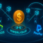 Neon-lit arena centers a dollar-stamped coin on Hyperliquid’s platform flanked by Paxos and PayPal emblems, while validator nodes beam votes toward competing pillars to issue USDH.