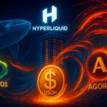 A glowing order book crowned by the Hyperliquid logo anchors a swirling clash of Paxos, Frax, and Agora emblems around a radiant USDH coin with a looming wireframe whale - Cover art/illustration via CryptoSlate.