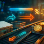 opposing conveyor lanes exchanging an iShares IBIT share stack and baskets of gleaming Bitcoins, with bright teal-and-gold flow arrows, a nearly touching bid–ask bar, and subtle courthouse columns and scales symbolizing tax efficiency and market spreads.