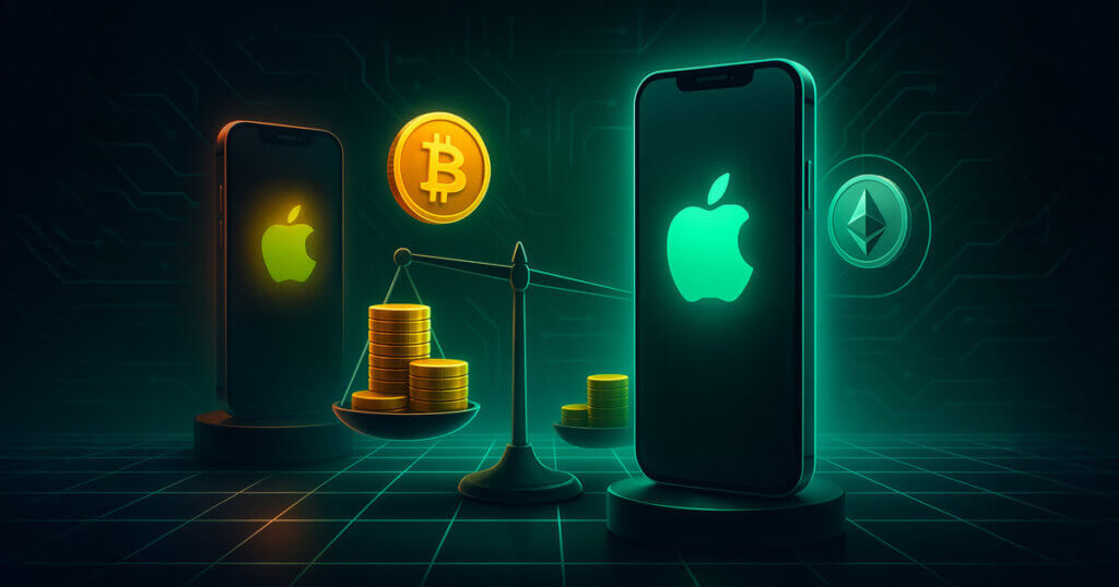 A cinematic split-scene shows a glowing iPhone 17 with a downward arrow and lighter BTC/ETH coin stacks outweighing a dimmer iPhone 16 with heavier stacks on a tilt scale.