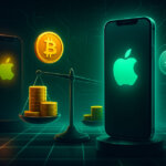 A cinematic split-scene shows a glowing iPhone 17 with a downward arrow and lighter BTC/ETH coin stacks outweighing a dimmer iPhone 16 with heavier stacks on a tilt scale.