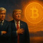 A semi-realistic painting shows Jamie Dimon with crossed arms and Donald Trump with a hand on his chest, both standing before a glowing Bitcoin sun over the Capitol building.