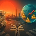 A bright, cinematic Tokyo crossroads fractures beneath a towering red sun while stacks of yen-like bonds tilt on one side and a glowing Earth with warning triangles and rising market arrows looms on the other, signaling Japan’s debt reckoning and a global economic alarm.
