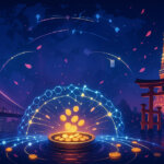 A glowing onigiri emblem anchors a neon bridge of blockchain rails linking San Francisco’s skyline to Tokyo Tower and a torii-framed bay, as coins flow into a rising venture pool