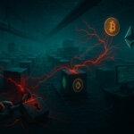 A sprawling cyberpunk warehouse of endless npm and Node.js package cubes leaks red digital tendrils that lash toward glowing Bitcoin and Ethereum logos while a shattered chain and ominous padlock signal a massive supply-chain breach.