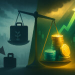 A stormy blue-gray city with a drooping briefcase and falling arrow on the left shifts into a radiant gold-and-green scene of rising abstract coins and an upward arrow on the right, symbolizing crypto gains from weak jobs data.