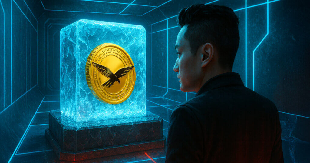 A digital illustration shows Justin Sun observing a frozen WLFI coin encased in ice within a neon-lit arctic vault - Cover art/illustration via CryptoSlate.