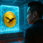 A digital illustration shows Justin Sun observing a frozen WLFI coin encased in ice within a neon-lit arctic vault - Cover art/illustration via CryptoSlate.