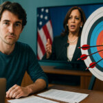 A bright, cinematic 16:9 scene shows Ross Ulbricht at a sunlit desk with documents and laptop, a TV behind him displaying Kamala Harris mid-speech, and a colorful archery target beside them with arrows clustered off-center to suggest her critique missed the mark.