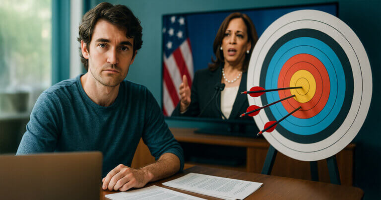 A bright, cinematic 16:9 scene shows Ross Ulbricht at a sunlit desk with documents and laptop, a TV behind him displaying Kamala Harris mid-speech, and a colorful archery target beside them with arrows clustered off-center to suggest her critique missed the mark.