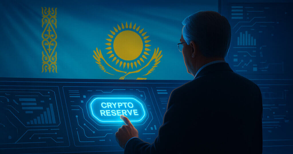 Kazakhstan’s President is depicted pressing a glowing “Crypto Reserve” button on a futuristic digital dashboard - Cover art/illustration via CryptoSlate.