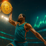 Kevin Durant soars for a powerful slam dunk while gripping a gleaming Bitcoin coin in a brightly lit arena, with vibrant teal, gold, and deep blue tones and a jumbotron glowing with rising green candlesticks.
