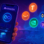 A hand holds a Kraken-branded phone with a perpetual contracts interface as holographic stock and crypto logos bridge a classical finance building to a blockchain grid