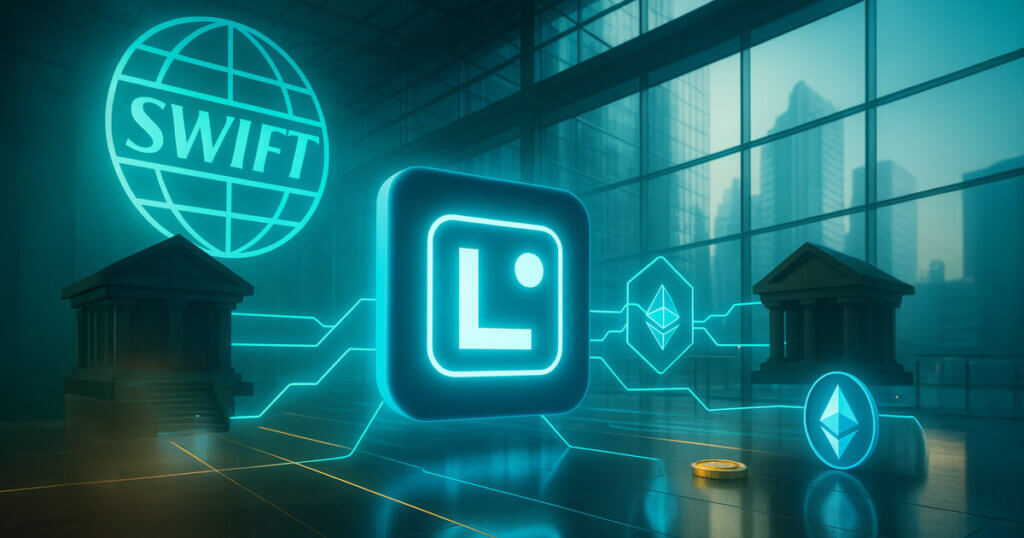 neon-teal atrium shows the glowing Linea “L” cube linked to the SWIFT globe and Ethereum icons between two bank pillars, with gold coins on a reflective floor.