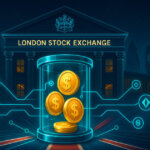 A neon-lit London Stock Exchange facade frames a glass vault of tokenized fund coins wired into blockchain rails, signaling LSE’s live launch of tokenized private funds.