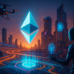 A luminous Ethereum sigil hovers over a neon city as drones, robotic vehicles, and credential halos exchange bright data streams, symbolizing AI-driven machine-to-machine commerce