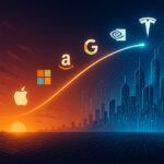 A sweeping 16:9 cinematic illustration: on the left, a rust-red sunset silhouettes smokestacks, cranes, and old bank columns fading into shadow; an upward glowing arc crosses the frame carrying minimalist Apple, Microsoft, Google, Amazon, Nvidia, Meta, and Tesla logos toward the right, where a luminous neon-blue city of circuitry towers and data streams rises, symbolizing the legacy economy being sunset as the digital age ascends.