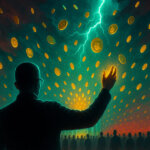 CZ faces a silhouetted crowd as golden coins rain from stormy crimson-teal skies - Cover art/illustration via CryptoSlate.