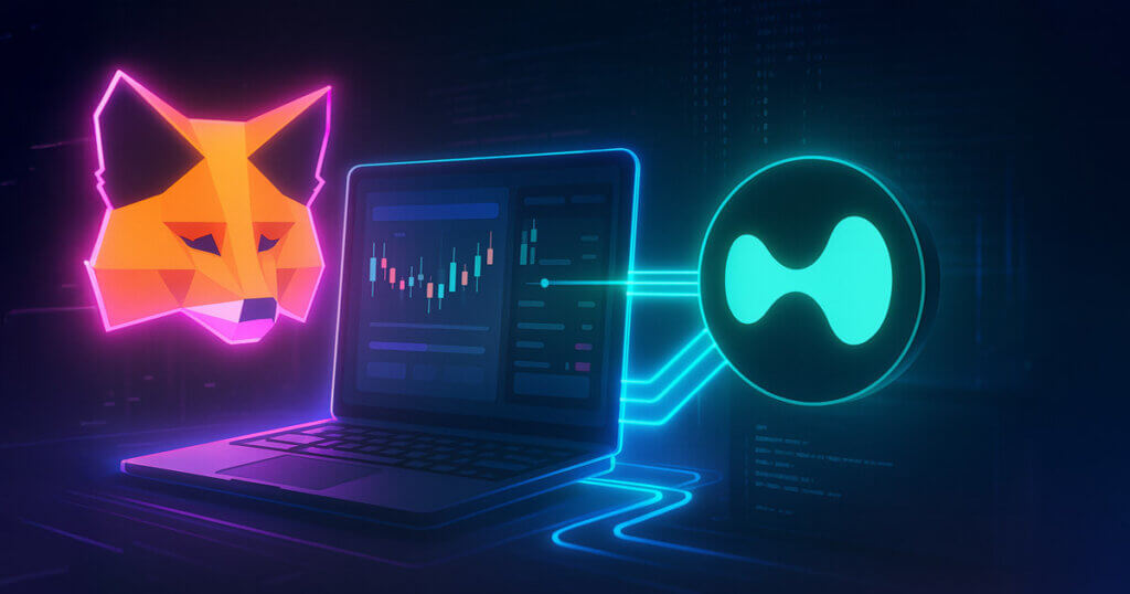 A neon MetaMask fox hovers beside a laptop trading panel as glowing rails link into the attached Hyperliquid emblem, with dim “leaked” code flickering in the background