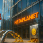 Daylit Manhattan towers reflect a glowing Metaplanet logo as Bitcoin coins pour from chrome funnels into a vault beside a U.S. flag, signaling an American expansion of BTC income