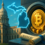 A sunlit Michigan State Capitol stands beside a glowing state outline and an open vault stuffed with Bitcoins, with rolled legislative scrolls in the foreground to suggest a progressing reserve bill