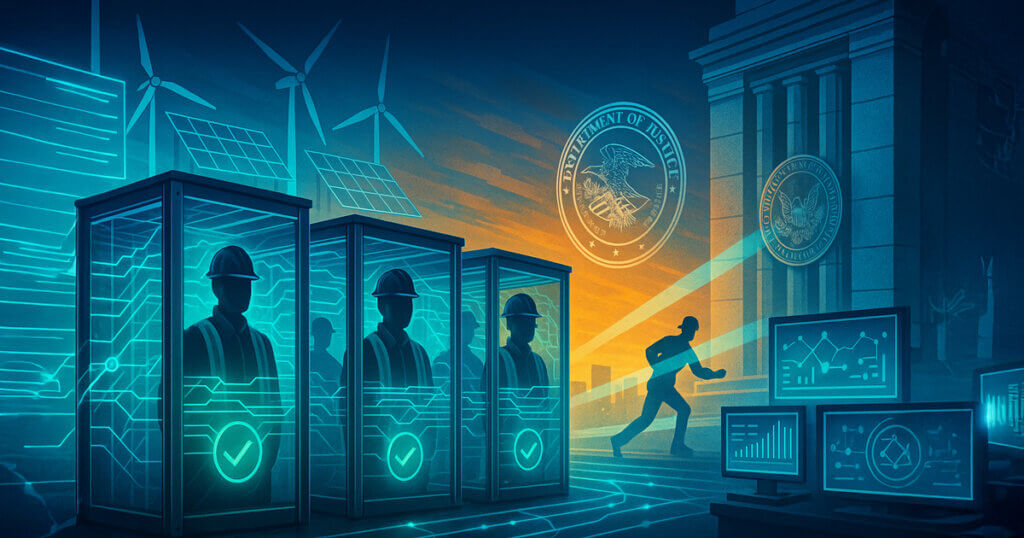 Transparent mining bays glow with neon-blue audit circuits as wind and solar icons hover above, while DOJ-like emblems and beamlights symbolize scrutiny and defense against ransomware