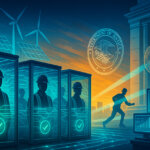 Transparent mining bays glow with neon-blue audit circuits as wind and solar icons hover above, while DOJ-like emblems and beamlights symbolize scrutiny and defense against ransomware