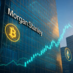 A sunlit glass skyscraper bearing the Morgan Stanley logo glows with holographic crypto charts and luminous Bitcoin and Ethereum icons, evoking a bright near-future launch of a sleek digital trading platform.