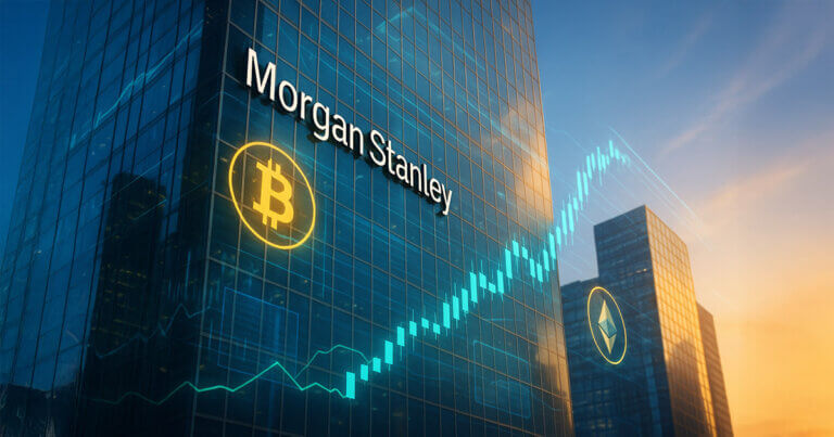 A sunlit glass skyscraper bearing the Morgan Stanley logo glows with holographic crypto charts and luminous Bitcoin and Ethereum icons, evoking a bright near-future launch of a sleek digital trading platform.