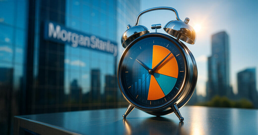 A bright, photorealistic scene shows a chrome alarm clock with a three-color 60/20/20-style pie chart dial ringing on a glass surface, with Morgan Stanley’s sunlit glass tower and logo blurred in the background to signal urgency for investors.