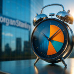 A bright, photorealistic scene shows a chrome alarm clock with a three-color 60/20/20-style pie chart dial ringing on a glass surface, with Morgan Stanley’s sunlit glass tower and logo blurred in the background to signal urgency for investors.