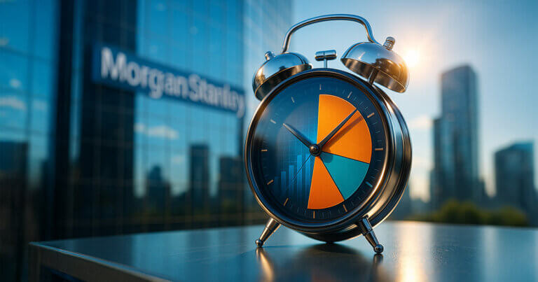 A bright, photorealistic scene shows a chrome alarm clock with a three-color 60/20/20-style pie chart dial ringing on a glass surface, with Morgan Stanley’s sunlit glass tower and logo blurred in the background to signal urgency for investors.