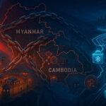 Aerial Southeast Asia map shows chained border compounds and neon stablecoin flows freezing under a U.S. crackdown spotlight.