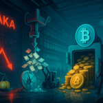 A red-plunging stock line and share-printing spigot contrast with a Bitcoin vault being filled as weary investors drift past, signaling dilution fears and DAT fatigue.