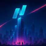 A neon-lit futuristic skyline of bar-shaped towers rises toward a glowing Nasdaq “N” hologram hovering above the tallest spire beneath a blazing comet arc.